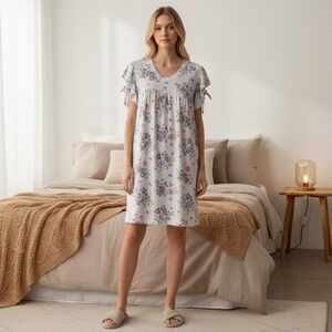 Nordstrom You Say Ruffle Sleeve Sleep Shirt White Floral Nightgown Size Large